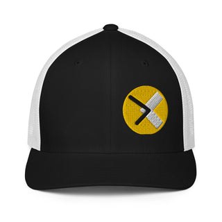 Black and white closed back hat with embroidered yellow circle OTTNP logo. Front view. www.ottnp.com