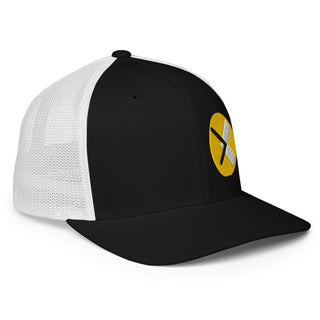 Black and white closed back hat with embroidered yellow circle OTTNP logo. Side view. www.ottnp.com