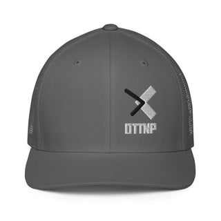 Light grey closed back hat with embroidered black and white OTTNP logo. Front view. www.ottnp.com
