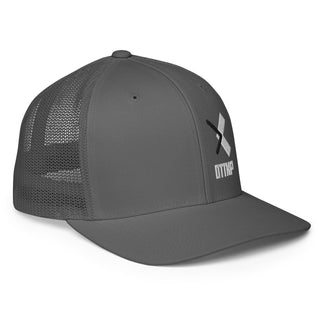 Light grey closed back hat with embroidered black and white OTTNP logo. Side view. www.ottnp.com