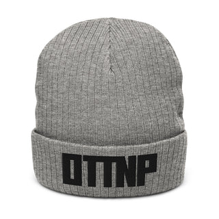 Light grey beanie. Large embroidered text "OTTNP". On to the next place. www.ottnp.com
