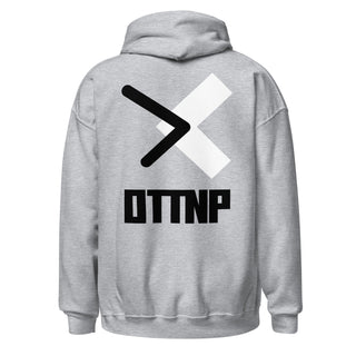 Light grey classic unisex fit hoodie. "ON TO THE NEXT PLACE" tag line on the front. Oversized logo on the back. Showing back. www.ottnp.com