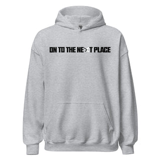 Light grey classic unisex fit hoodie. "ON TO THE NEXT PLACE" tag line on the front. Oversized logo on the back. Showing front. www.ottnp.com